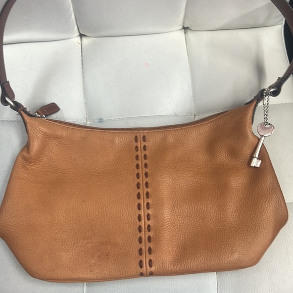 Vintage Fossil Brown Leather Shoulder Bag Saddle Tan Zip Top - Picture 2 of 6
